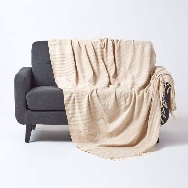 Homescapes Woven Cotton Chenille Boho Throw in Beige, Rust, Green and Orange, Width: 240 cm