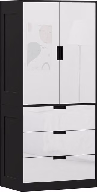 HOMCOM Modern 2 Door High Gloss Wardrobe with 3 Drawers and Hanging Rod in White