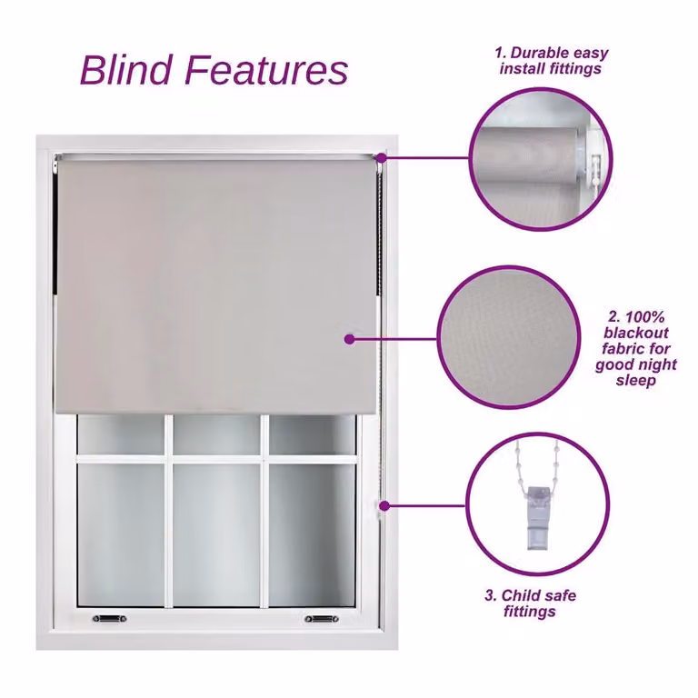 Furnished Purple Blackout Roller Blinds, Thermal Insulating and UV Resistant Polyester Window Shade, Width: 125 cm, Drop: 165 cm