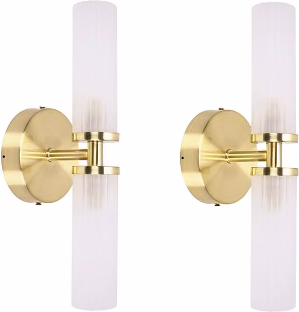 Canya Pair of 2 Way IP44 Frosted Reeded Glass Wall Lights with LED Bulbs in Gold