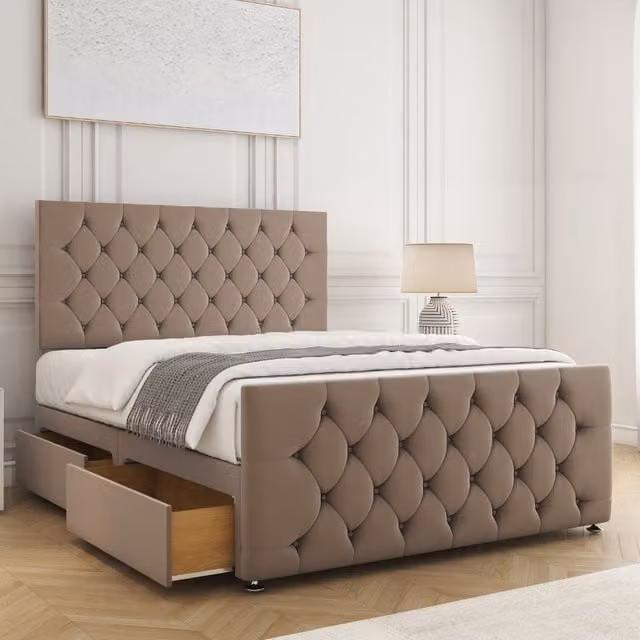BSSPOKE Maya Plush Velvet King Size Divan Bed with 24 inch Headboard, 2 Same Side Drawers and Mattress in Bronze