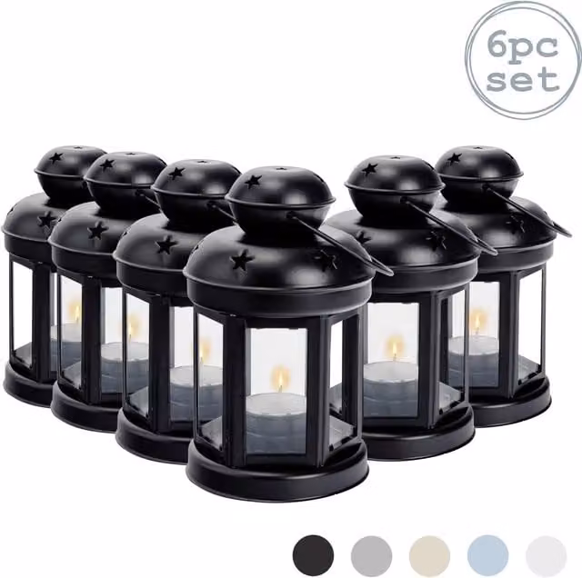 Nicola Spring Set of 6 Black Metal Industrial Hanging Tealight Lanterns, Height: 16 cm