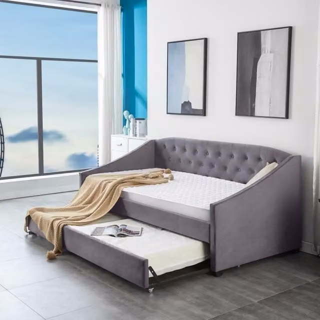 KOSY KOALA Grey Velvet Single Daybed Sofa Bed with Underbed Trundle and 2 Mattresses