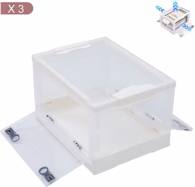 Livingandhome Set of 3 Stackable and Foldable Transparent Plastic Storage Boxes with Lids and Wheels, White, Width: 49 cm