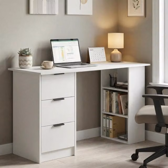 Home Source Phoenix Modern Computer Desk with Single Pedestal in White and Grey