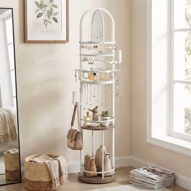 Costway Rotating Jewelry Organizer Stand and Storage Rack with Earring Holder in White and Multicolour