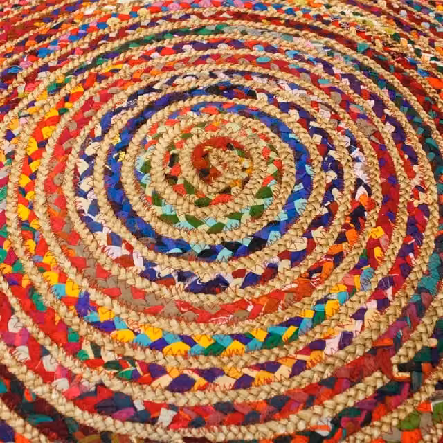 KDMK Handmade Round Woven Jute and Recycled Cotton Rug in Multicolour Abstract Boho Style