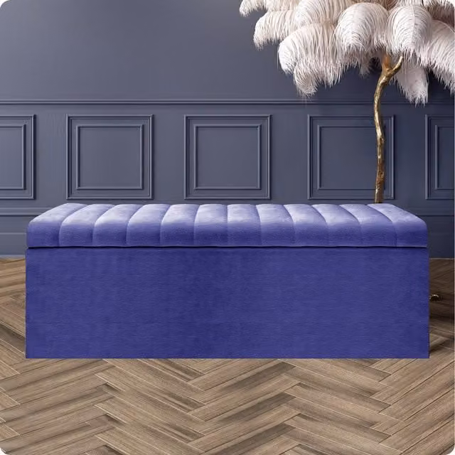 R&M Furnishers Safar Naples Blue Striped Velvet Upholstered Ottoman Storage Box and End of Bed Bench