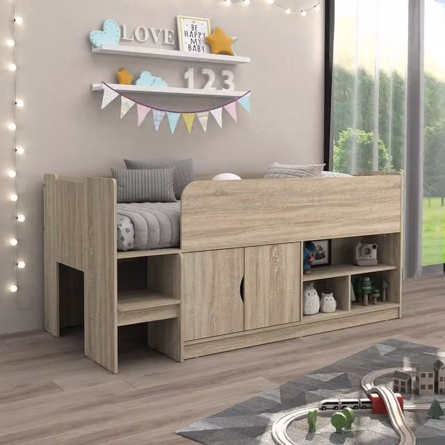 KIDSAW Single Mid Sleeper Bed with Cupboard, Shelves and Stairs in Oak