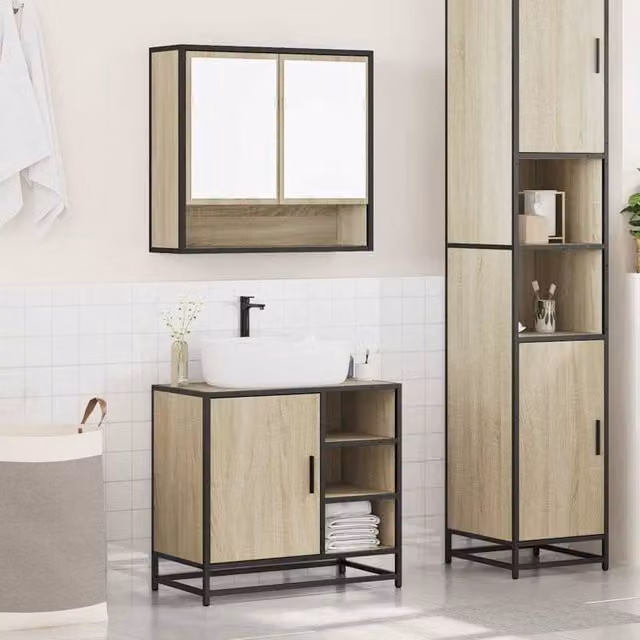 Berkfield Home 2 Piece Industrial Bathroom Furniture Set in Brown Sonoma Oak with Vanity Unit and Mirror Cabinet, W/D/H: 60 x 65 x 65 cm