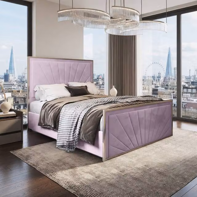 Casani Somerton Upholstered Velvet Designer Bed Frame in Pink, W/D/H: 137 x 120 x 200 cm