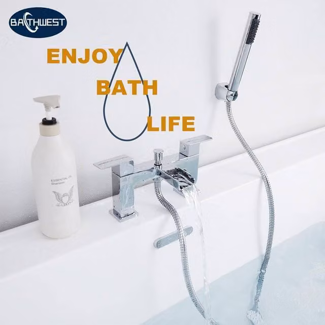BATHWEST Waterfall Bath Tap with Square Shower Set in Silver Chrome Brass
