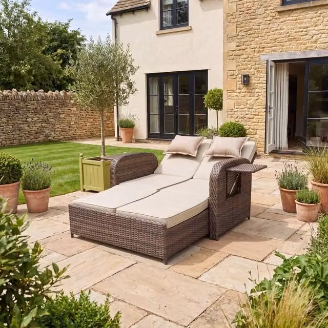Artemis Home Whitmore Brown Polyrattan Reclining Outdoor Sofa Bed with Side Shelves and Adjustable Headrest