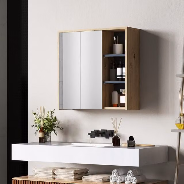 HOMCOM Natural Brown Wall Mounted Bathroom Mirror Cabinet with Hinged Glass Doors and Internal Shelves