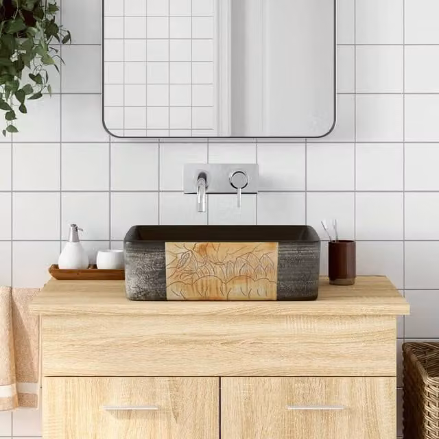 Berkfield Home Rectangular Ceramic Countertop Basin in Black and Brown, W: 46 cm, D: 35.5 cm, H: 13 cm