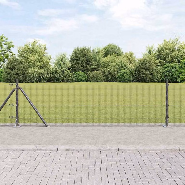 Berkfield Home Grey Steel Welded Wire Fence with 7 Flanged Posts, W: 0.6 m, L: 10 m