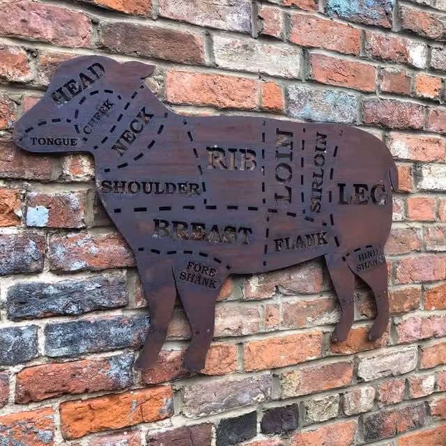 RW Norfolk Rustic Metal Butchers Lamb Wall Decoration, Brown, H: 64.5 cm x W: 96.0 cm