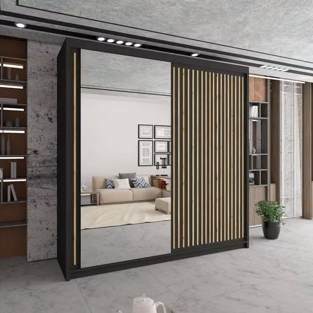 Sliding Wardrobes 4U Sleek Black Mirror Sliding Wardrobe with Integrated LED Lighting W: 150 cm, H: 217 cm