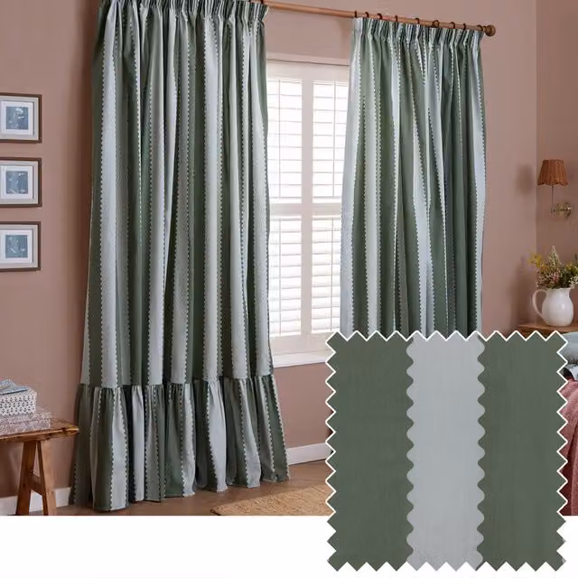 Make It A Home Birdie Stripe Fully Lined Ruffle Pencil Pleat Curtain Pair in Green, Height: 183 cm