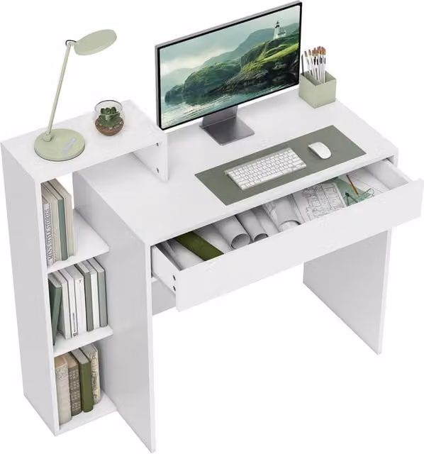 Rolipo White Computer Desk with 3 Open Shelves and Drawer