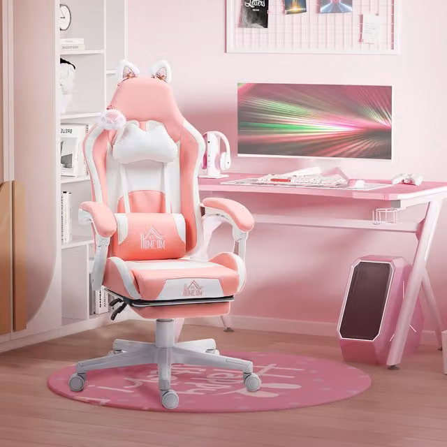 HOMCOM Pink Reclining Gaming Chair with Footrest and Headrest in Synthetic Leather