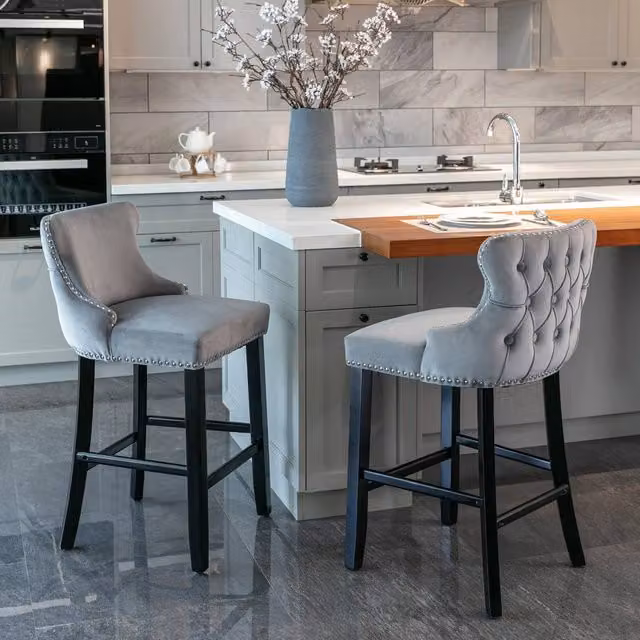 HomeTouch Set of 2 Grey Velvet Upholstered Wing-Back Barstools