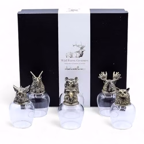 Ancient Wisdom Wild Forest Creatures Glass and Brass Bottom Up Shot Glasses, Set of 6, 100ml, Antique Bronze and Transparent
