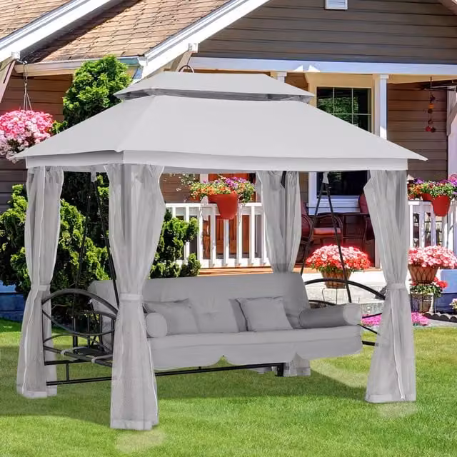 Outsunny Grey 2-in-1 Convertible Outdoor Swing Chair Bed with Sun Canopy and Cushions