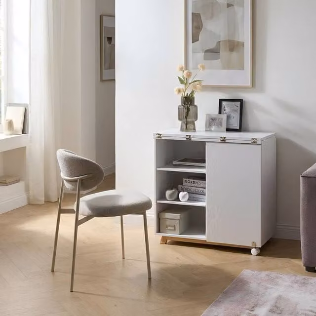 Wyld and Coco White Fold-Down Secretary Desk with Hidden Cabinet and Open Shelves, W/D/H: 80 x 40 x 74 cm