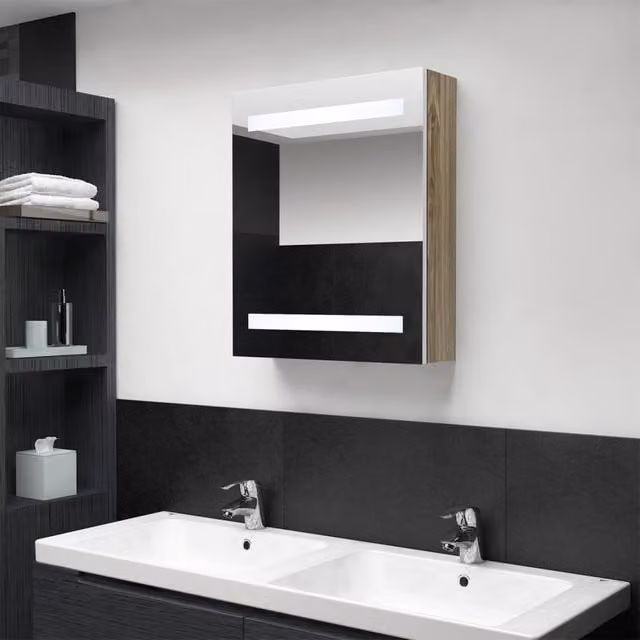 Berkfield Home LED Bathroom Mirror Cabinet in White and Oak, W/D/H: 50 x 14 x 60 cm