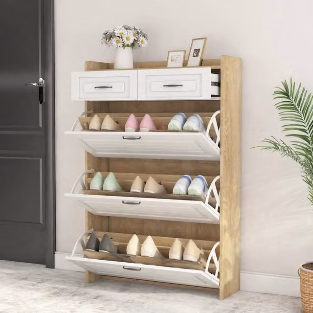 Merax White Slimline Scandinavian Style 3-Tier Tilt-Out Shoe Cabinet with Drawers and Internal Shelves, W/D/H: 80 x 23.5 x 131 cm