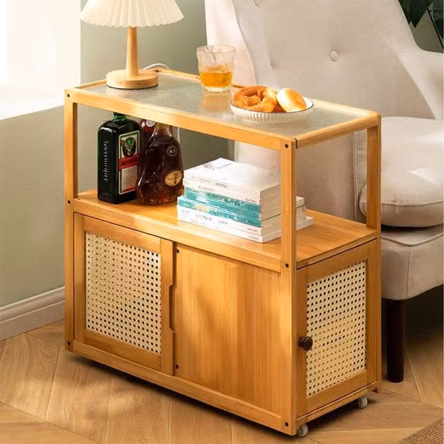 Komore Mobile Side Table with Glass Top and Small Cabinets in Brown