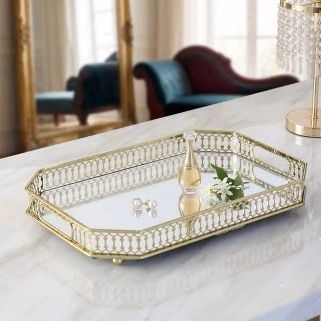 Dynasty Home UK Golden Octagonal Decorative Vanity Tray with Mirror, Diameter: 32 cm