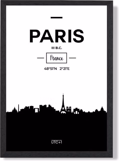 ARTZE Paris Black and White City Skyline Framed Paper Poster in Black Frame, A3