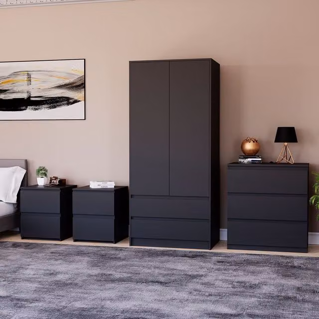 Vida Designs Denver 4 Piece Modern Bedroom Set in Black, including Wardrobe, 3 Drawer Chest and 2 Bedside Tables