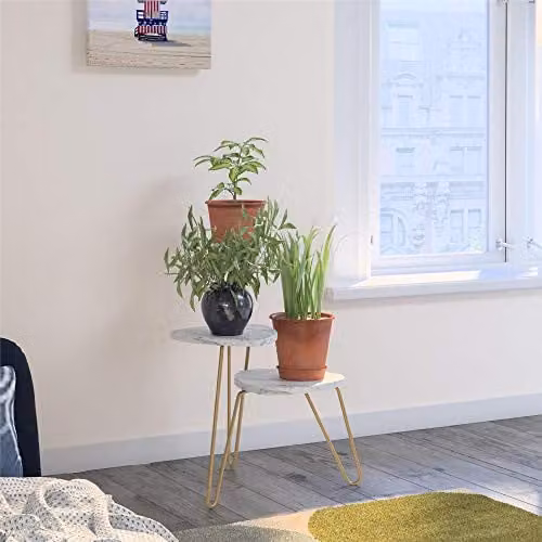Novogratz Athena Retro Plant Stand in White and Black Marble Look, W/D/H: 55.36 x 52.31 x 63.5 cm