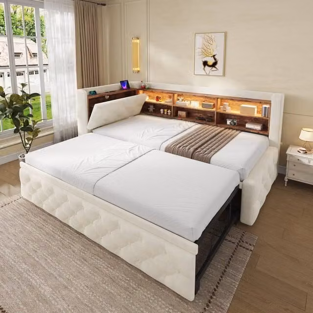 BTM Single Velvet Pull-Out Daybed with LED Lighting, USB Charging Port and Bedside Shelf in Beige, W/D/H: 90 x 190 x 84 cm