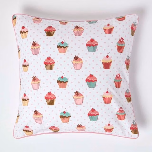 Homescapes Cotton Cup Cakes Cushion Cover in Pink and White, W: 60 cm, H: 60 cm