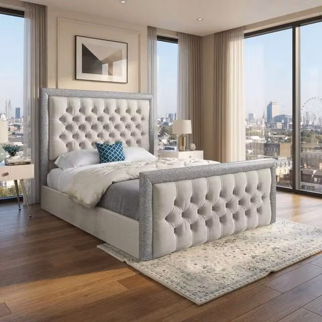 Casani Thorpe Designer Upholstered Velvet Bed Frame in Cream Beige, W/D/H: 200 x 137 x 189 cm