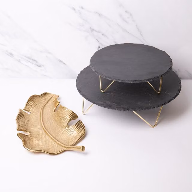 Artes 2-Tier Leaf-Shaped Slate Serving Set with Gold Cast Aluminium Plates in Black and Gold