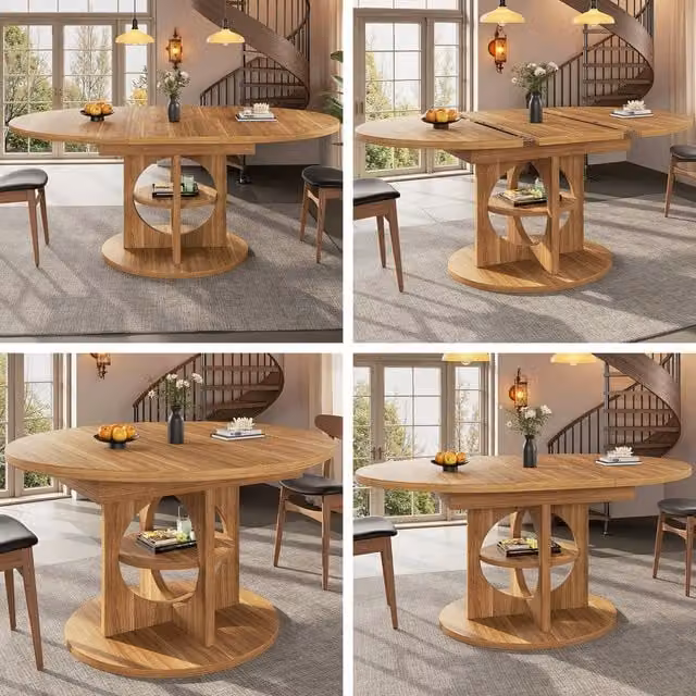 BTM Extendable Round to Oval Dining Table in Brown for 8 People, W/D/H: 110 x 110 x 76 cm