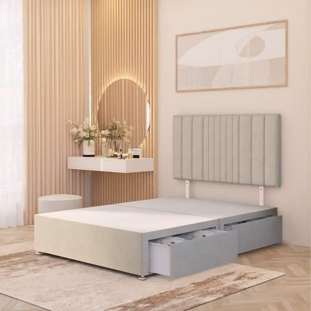 Somnior Beds Ltd Arizona Tweed Fabric Divan Bed Base with Drawers and 32 inch Headboard, Beige and Yellow, W/D/H: 120 x 200 cm