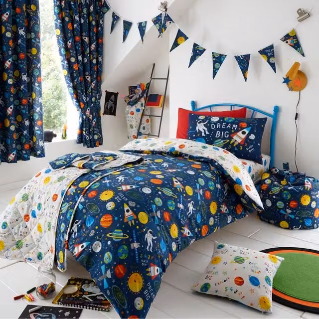 Happy Linen Company Reversible Blue Graphic Kids Duvet Cover and Pillowcase Set, W/D/H: 200 x 200 cm, Pillowcase: 50 x 75 cm
