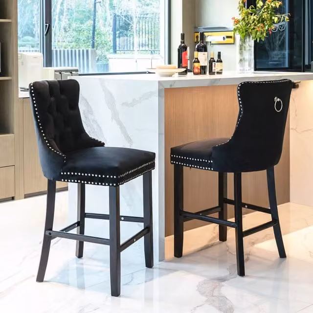 Modern Home Touch Romsey Set of 2 Black Velvet Bar Stools with Oak Legs