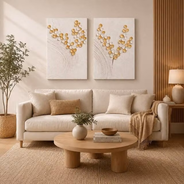 Mafett Set of 2 Abstract Botanical Canvas Wall Art Prints in White, Blue and Gold, W: 60.96 cm, H: 81.28 cm