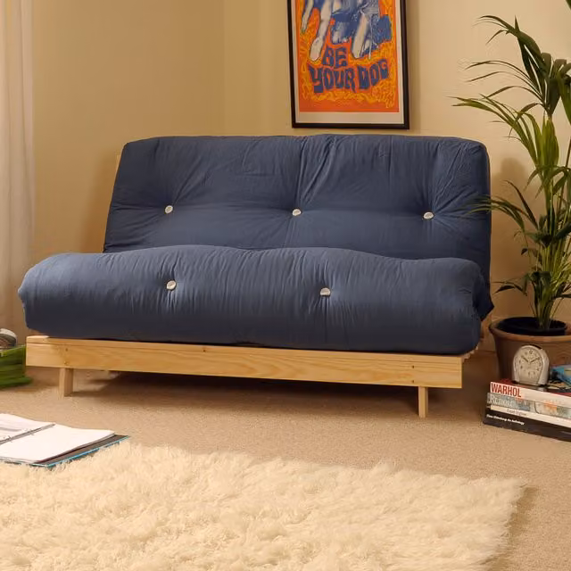 Comfy Living Navy Blue Luxury 2 Seater Small Double Futon with Solid Wood Frame