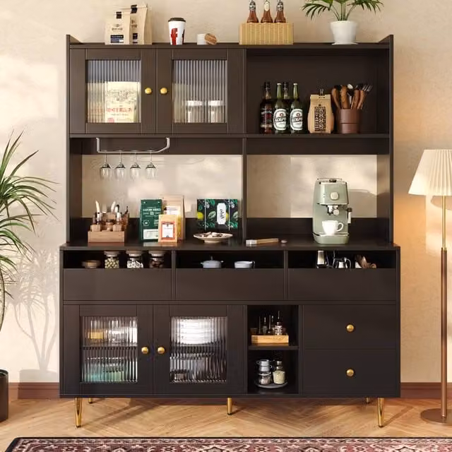 BTM Modern Black Multi-Purpose Storage Cabinet with Glass Doors, Bottle Rack and Glass Holder, H 171 x W 72.6 x D 39 cm