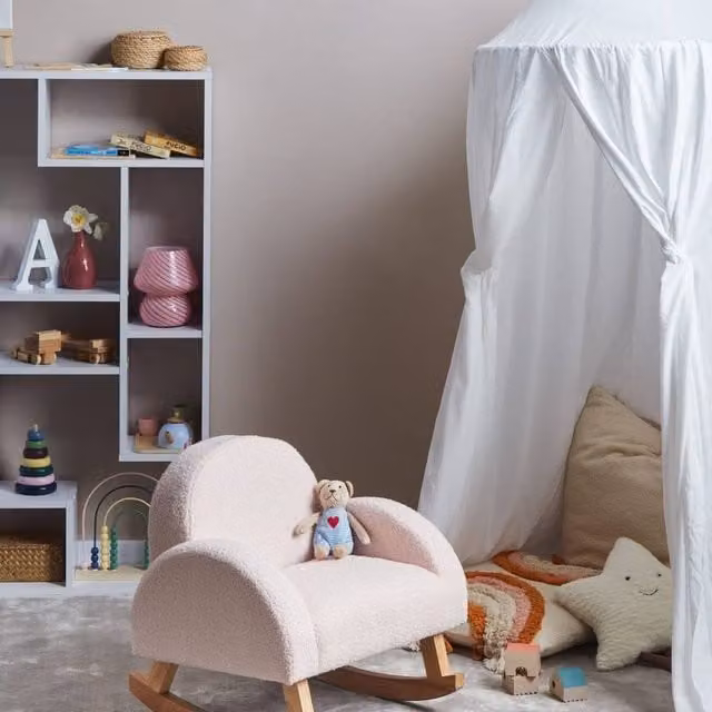 Wyld Haus Pink Bouclé Kids Rocking Chair with Armrests and Solid Rubberwood Frame