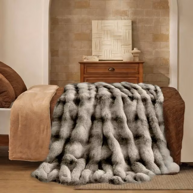 Sweet Dreams Fluffy Faux Fur Animal Print Throw in Beige and Brown, W: 200 cm, D: 240 cm
