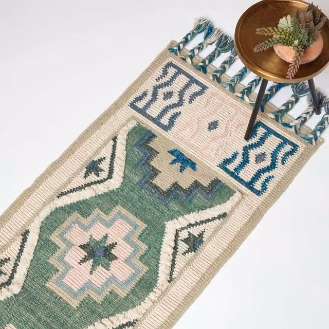Homescapes Matala Green and Blue Kilim Wool and Cotton Rug, Rectangular, Width: 200 cm